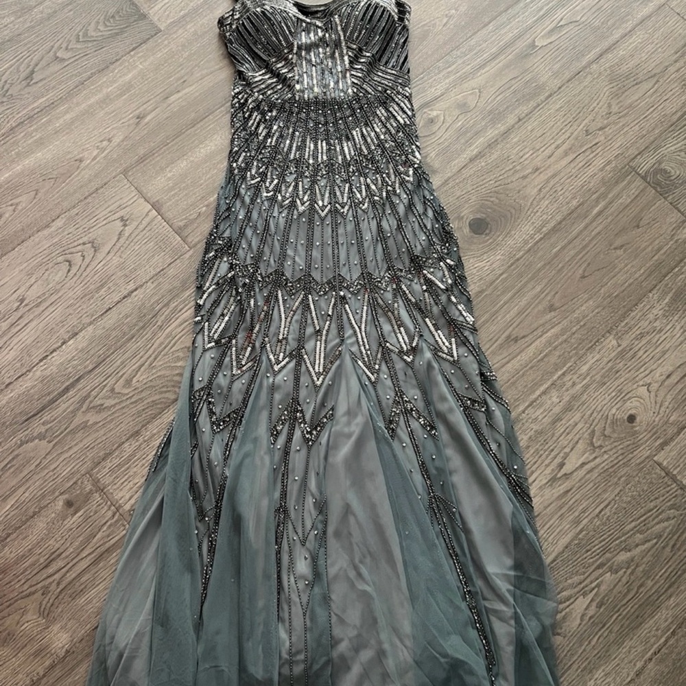 Adrianna Papell Beaded Halter Gown in Dusty Teal and Silver - Picture 2 of 9